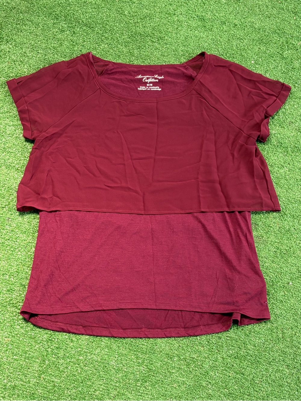 American Eagle Outfitters Short Sleeve Layered Scoop Top - Burgundy